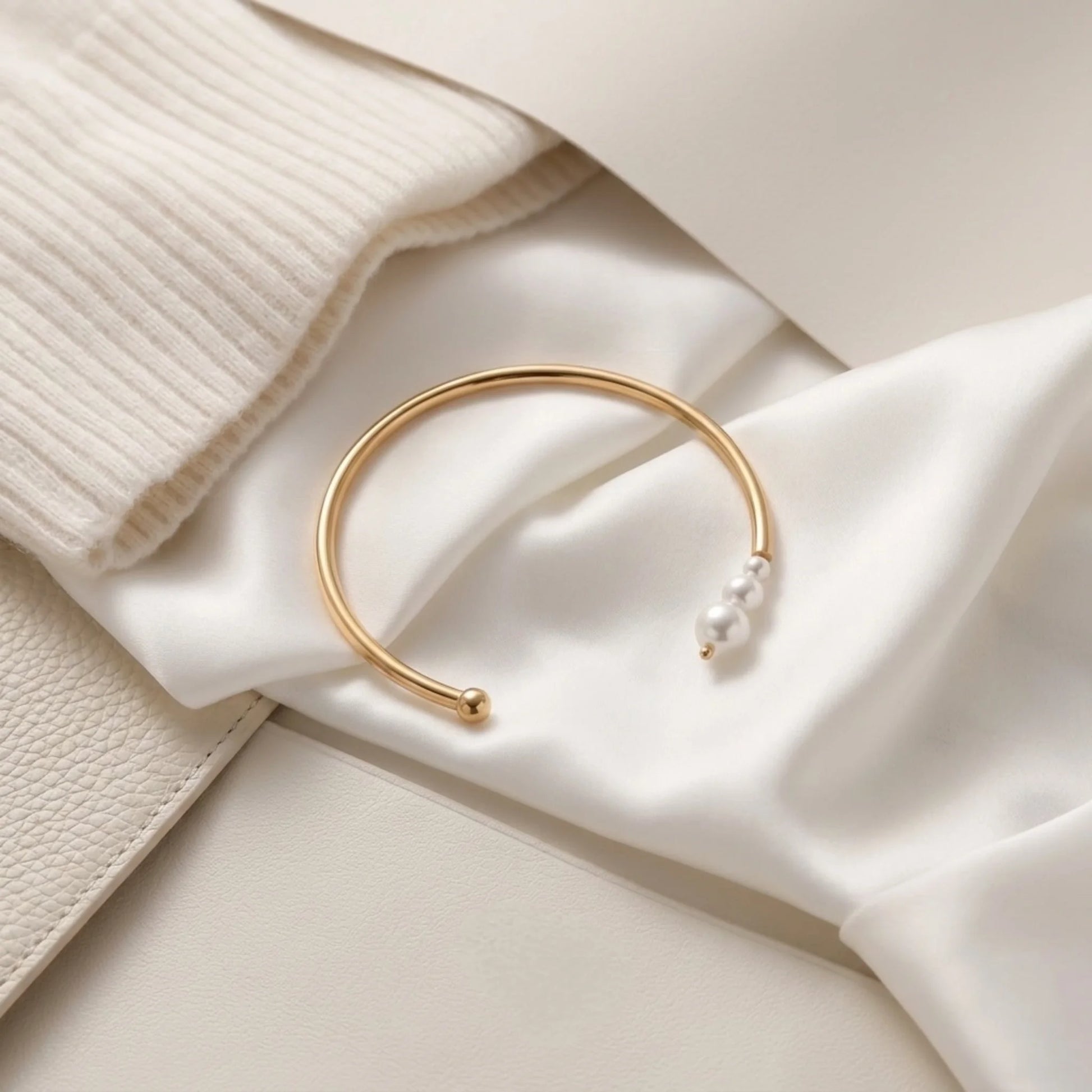 BEHI MILANO Alba Bracelet on cream silk fabric — 18k gold-plated pearl cuff bangle, minimalist open bracelet, waterproof hypoallergenic jewelry
