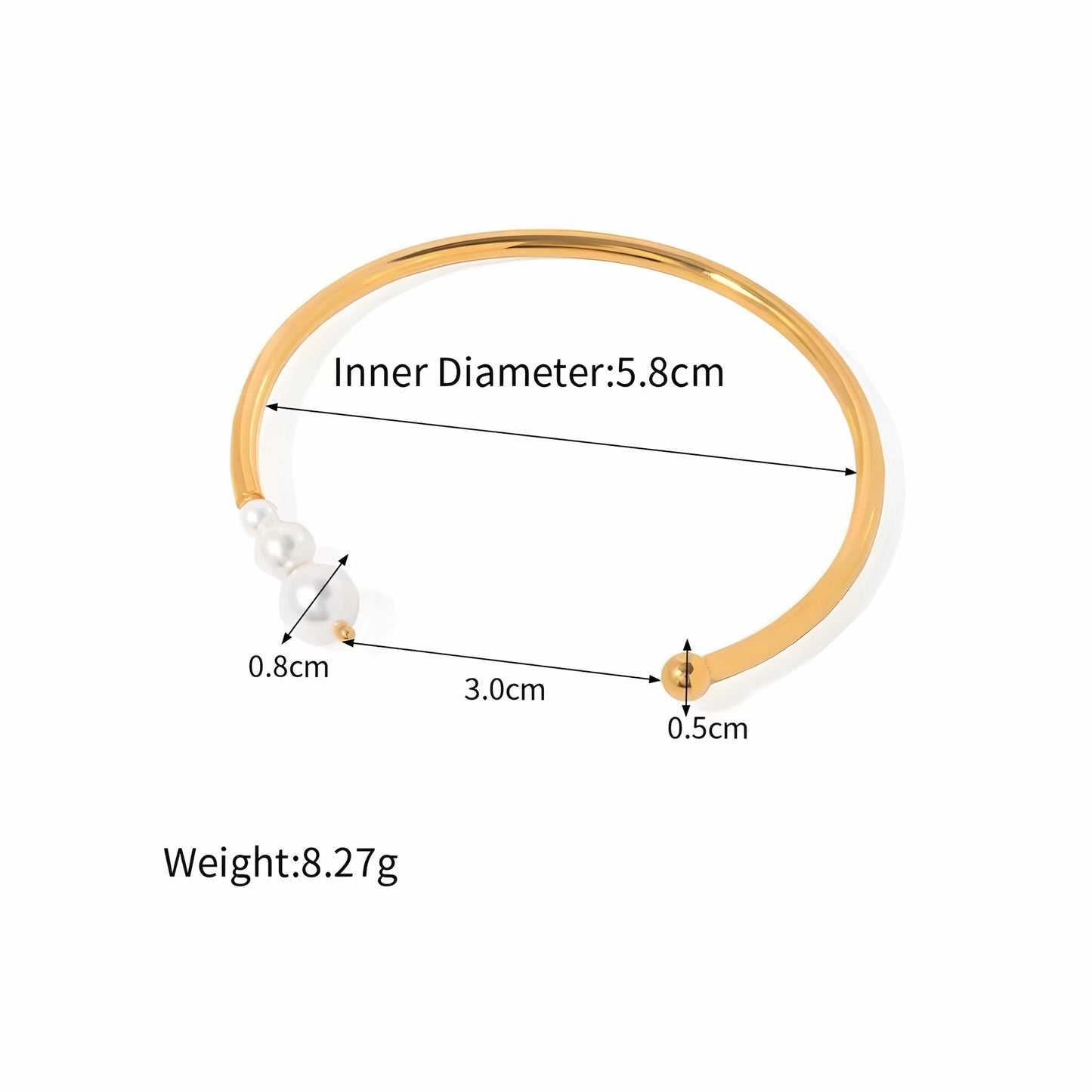 BEHI MILANO Alba Bracelet dimensions — open cuff pearl bangle specs, inner diameter 5.8cm, weight 8.27g, pearl cluster 0.8cm, 18k gold-plated stainless steel