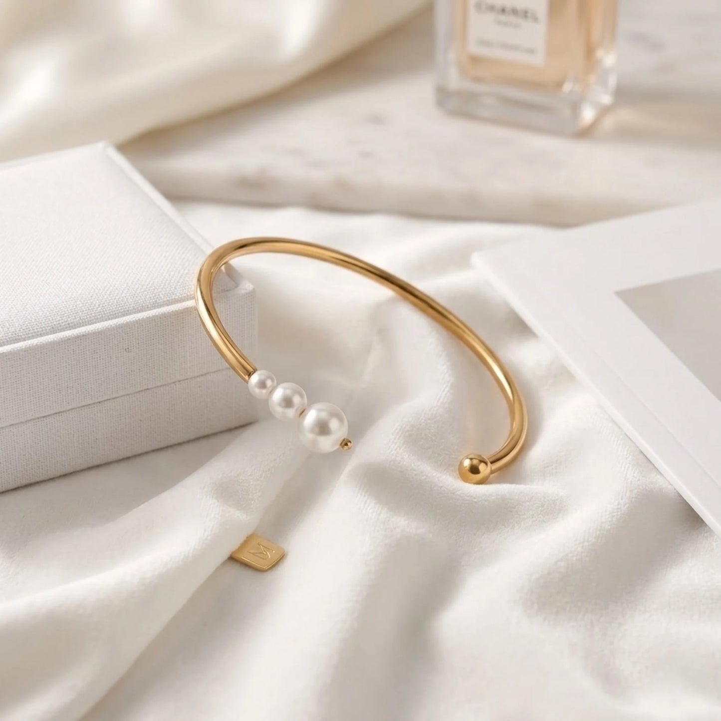 BEHI MILANO Alba Bracelet styled on silk — gold pearl open cuff bangle with gift box, luxury jewelry gift for her, 18k gold-plated stainless steel