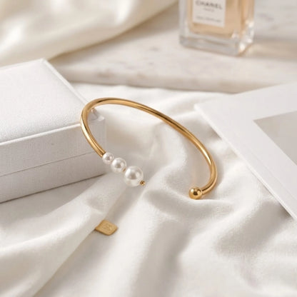 BEHI MILANO Alba Bracelet styled on silk — gold pearl open cuff bangle with gift box, luxury jewelry gift for her, 18k gold-plated stainless steel