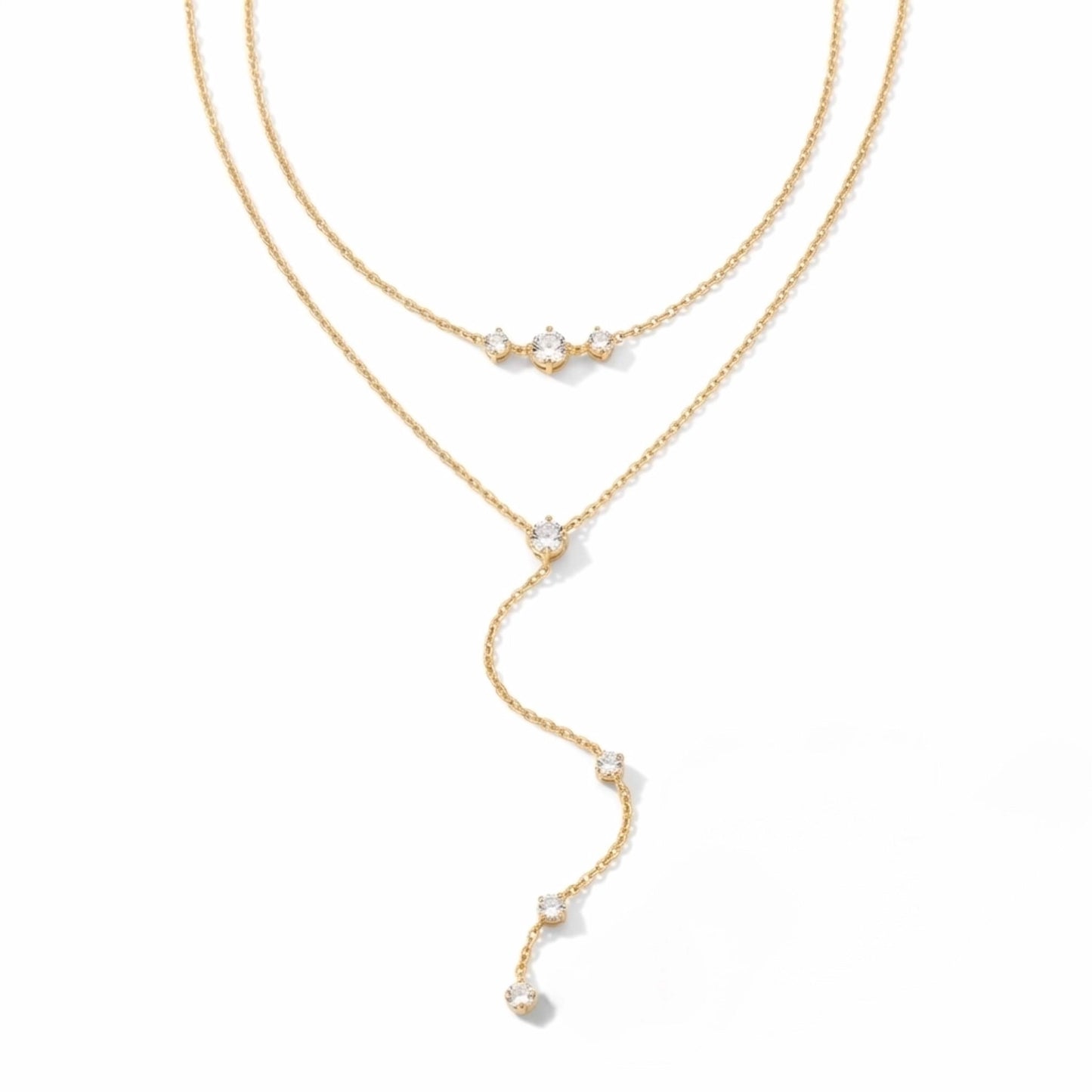 BEHI MILANO Alda Necklace — double-layer 18k gold-plated lariat necklace with graduated zircon stones and Y-drop pendant, waterproof stainless steel