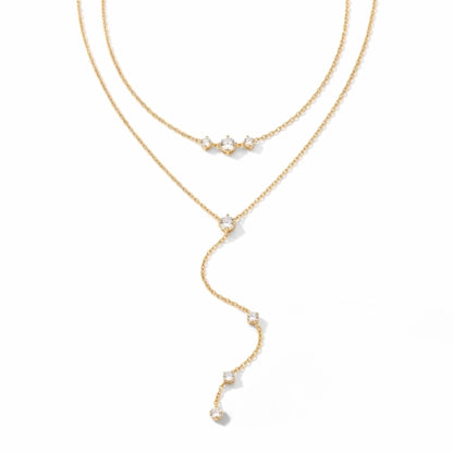 BEHI MILANO Alda Necklace — double-layer 18k gold-plated lariat necklace with graduated zircon stones and Y-drop pendant, waterproof stainless steel