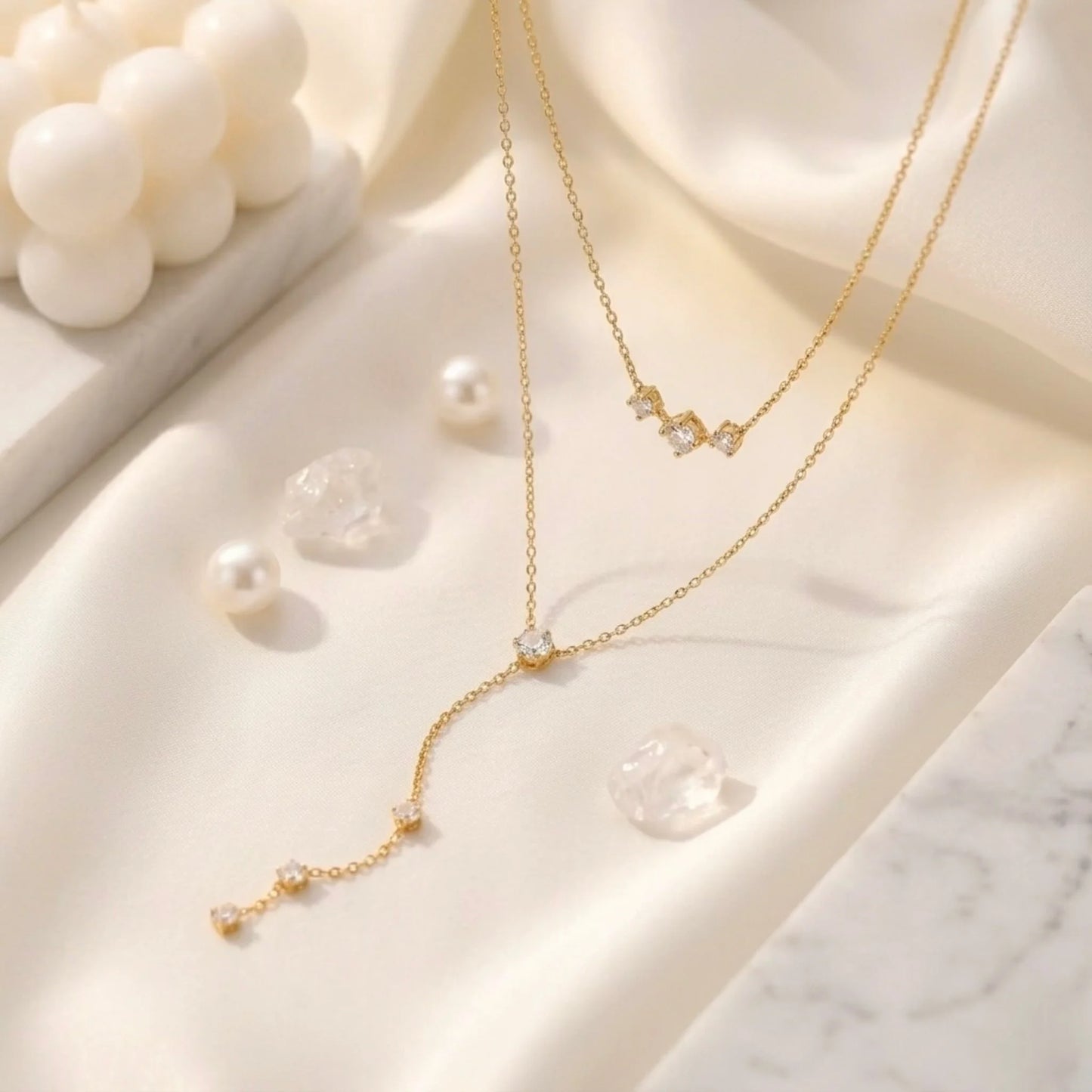 BEHI MILANO Alda Necklace — layered gold chain necklace with three-stone zircon bar and long Y-drop pendant, waterproof hypoallergenic jewelry