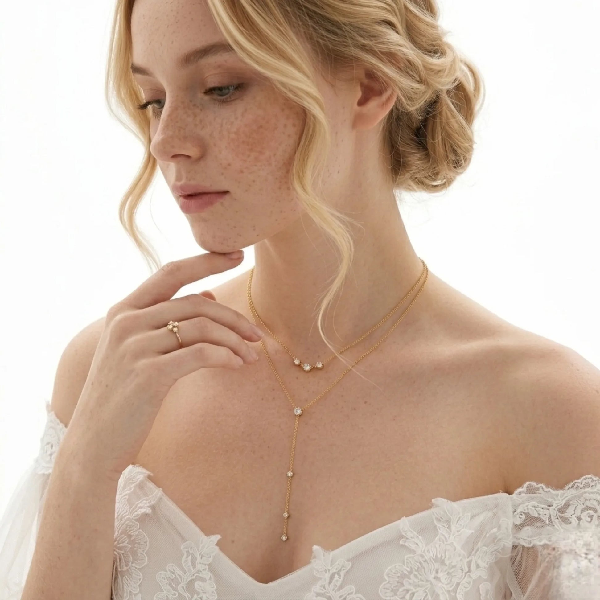 BEHI MILANO Alda Necklace on model — layered gold zircon lariat necklace with Y-drop pendant, hypoallergenic 18k gold-plated jewelry