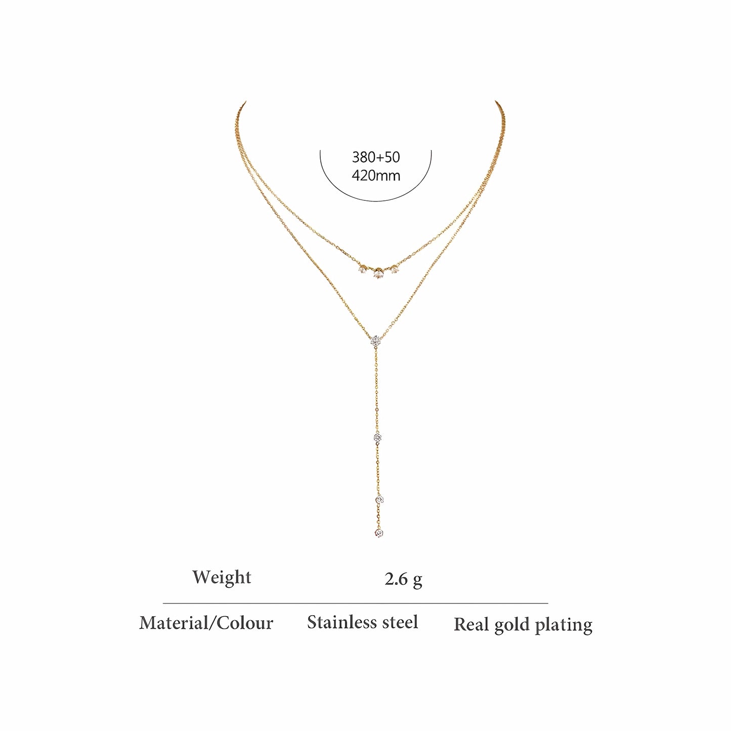 BEHI MILANO Alda Necklace specs — double-layer lariat necklace, chains 380+50mm and 420mm, weight 2.6g, stainless steel with real gold plating