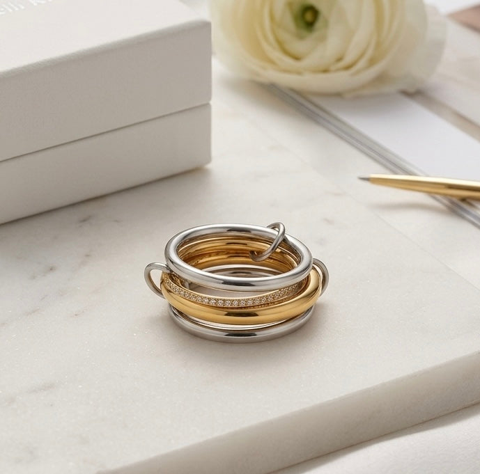 BEHI MILANO Alina Ring flat lay — interlocked gold and silver bands with zircon pavé, 18k gold-plated stainless steel sculptural ring