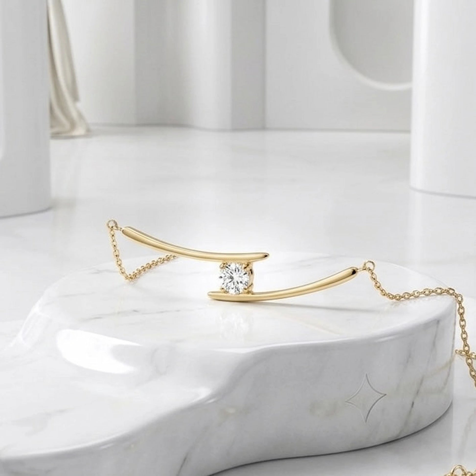 BEHI MILANO Alison Necklace gold on display — sculptural bar pendant with round zircon stone, 18k PVD-coated stainless steel necklace