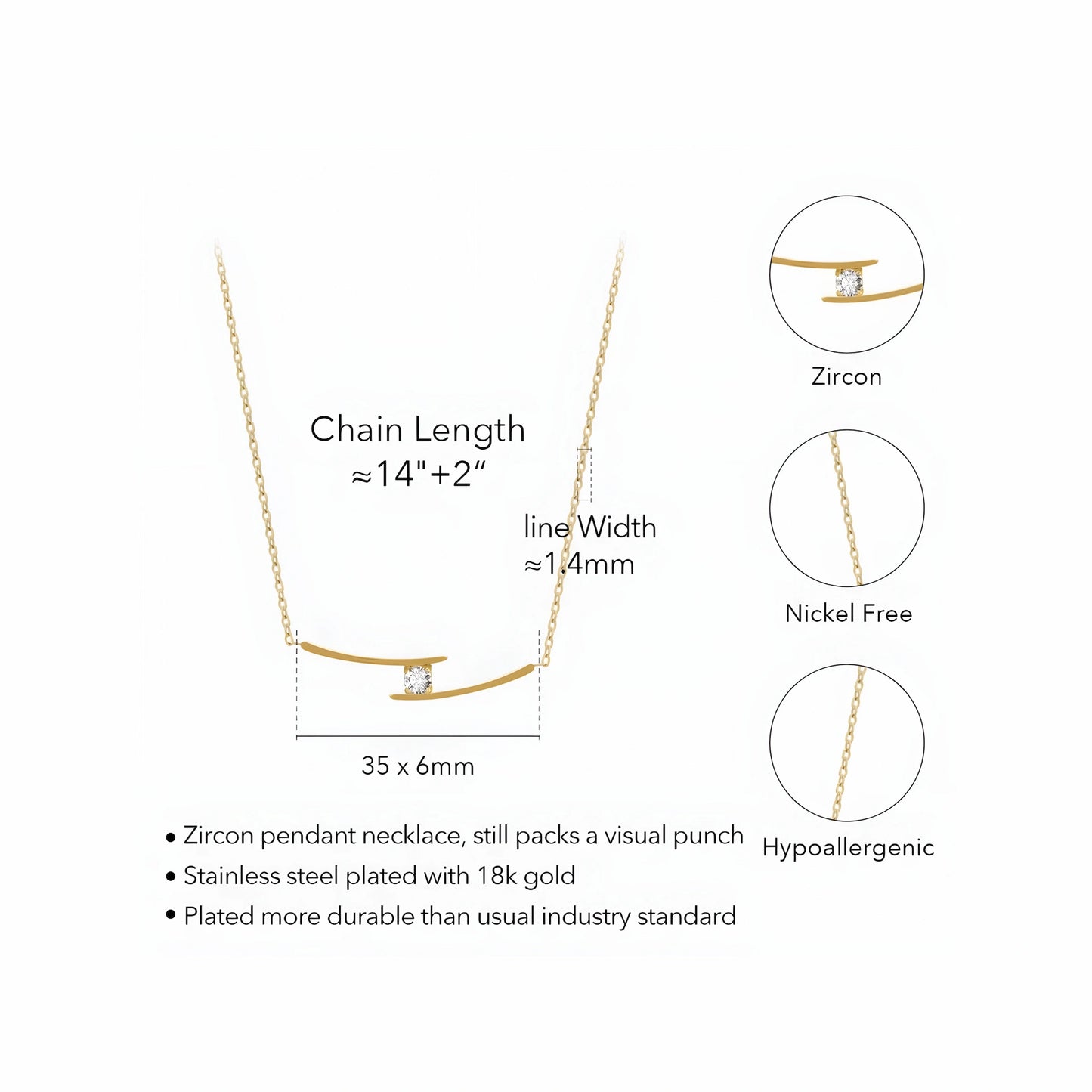 BEHI MILANO Alison Necklace specs — crossed bar pendant 35×6mm, chain 14"+2" extender, width 1.4mm, 18k gold-plated stainless steel, nickel-free hypoallergenic
