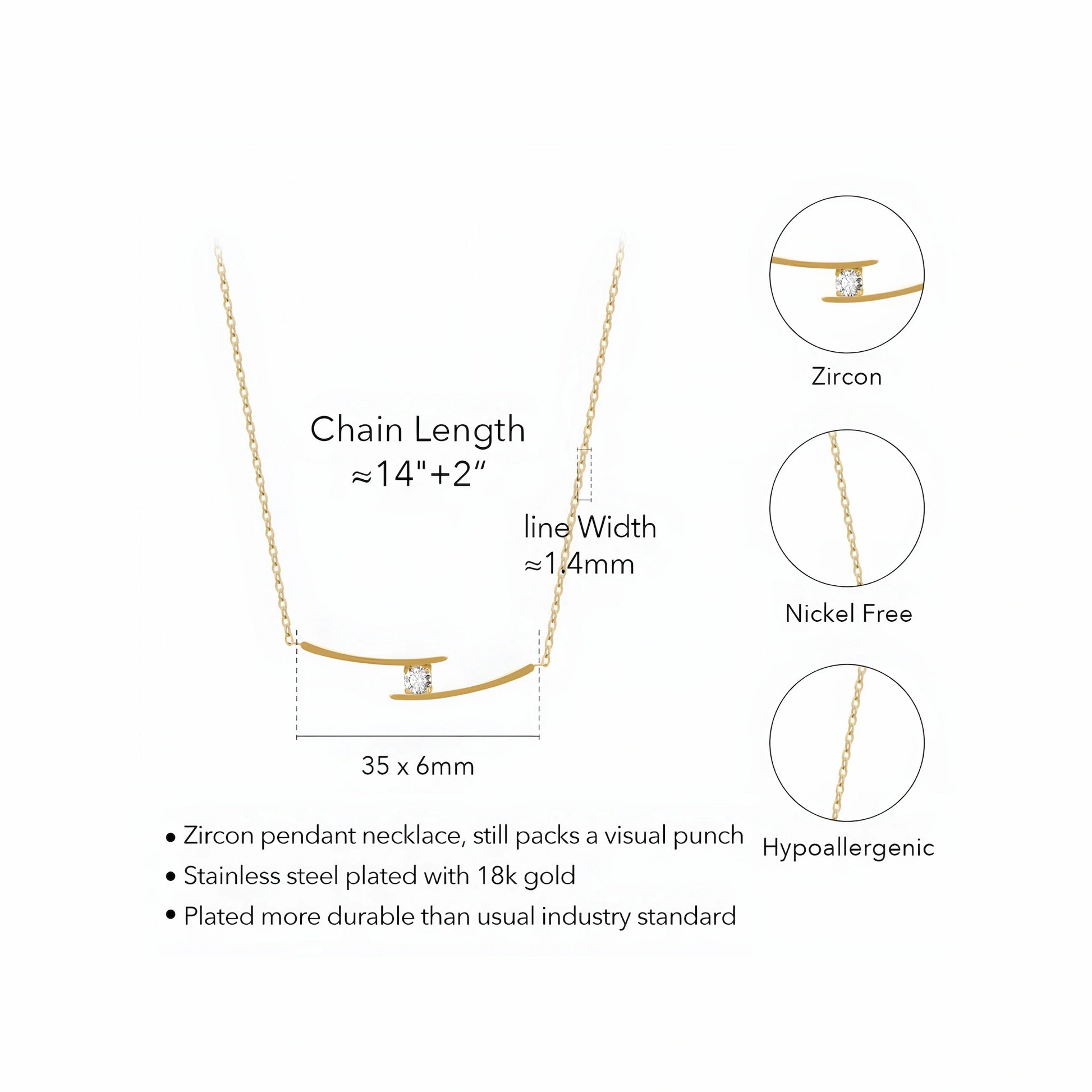 BEHI MILANO Alison Necklace specs — crossed bar pendant 35×6mm, chain 14"+2" extender, width 1.4mm, 18k gold-plated stainless steel, nickel-free hypoallergenic
