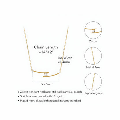 BEHI MILANO Alison Necklace specs — crossed bar pendant 35×6mm, chain 14"+2" extender, width 1.4mm, 18k gold-plated stainless steel, nickel-free hypoallergenic
