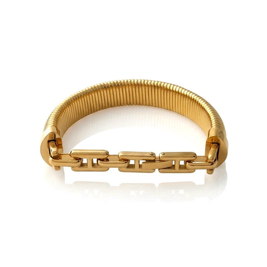 BEHI MILANO Almond Bracelet — wide ribbed 18k gold-plated bangle, waterproof tarnish-free stainless steel, diameter 9cm