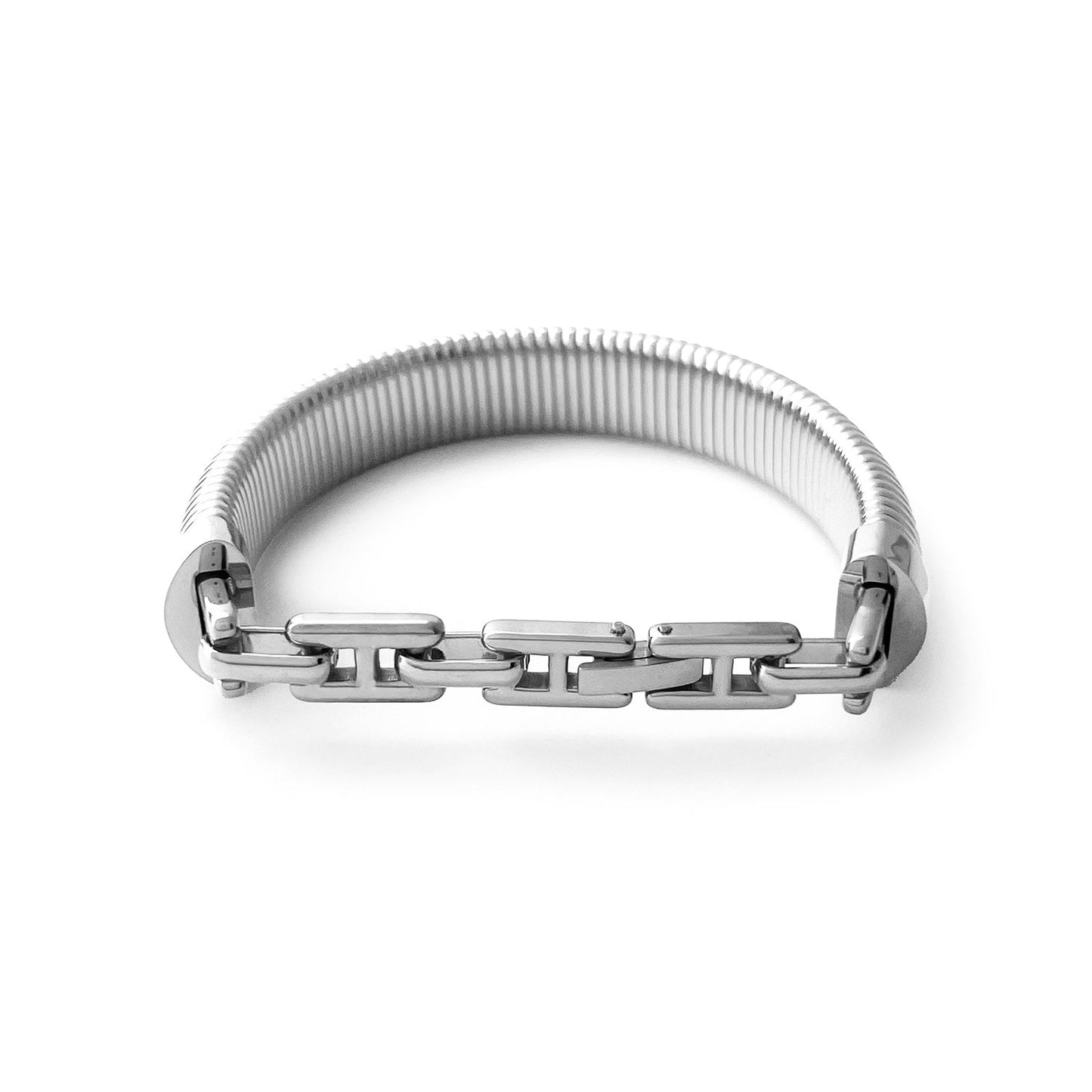 BEHI MILANO Almond Bracelet silver — wide ribbed silver-plated bangle, waterproof tarnish-free stainless steel, diameter 9cm