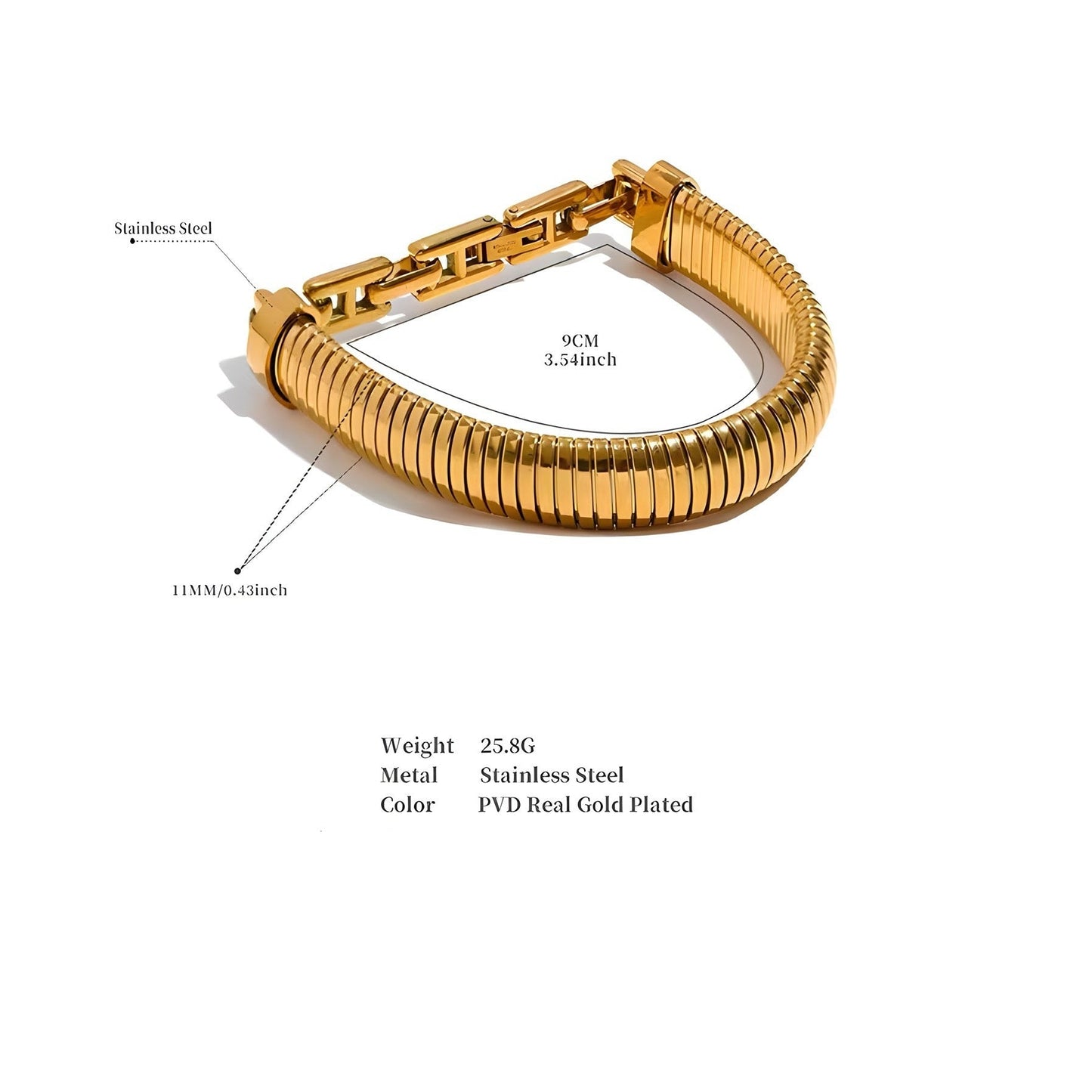 BEHI MILANO Almond Bracelet specs — wide ribbed bangle dimensions, diameter 9cm, weight 25.8g, 18k gold-plated stainless steel, nickel-free hypoallergenic
