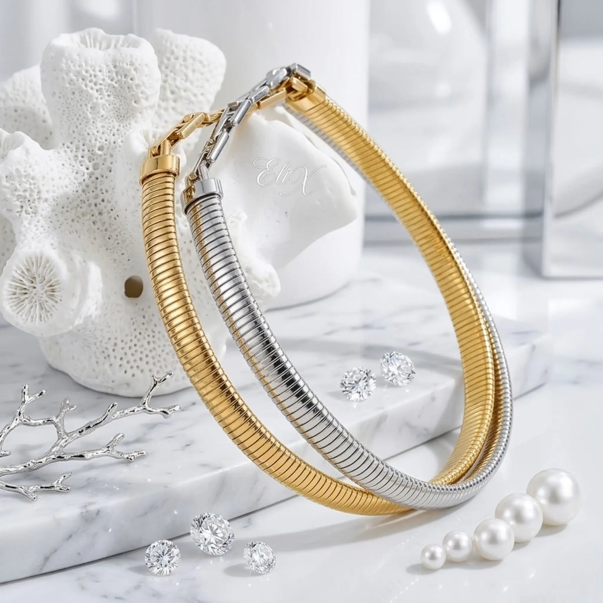 BEHI MILANO Almond Choker — 18k gold-plated structured ribbed choker display view