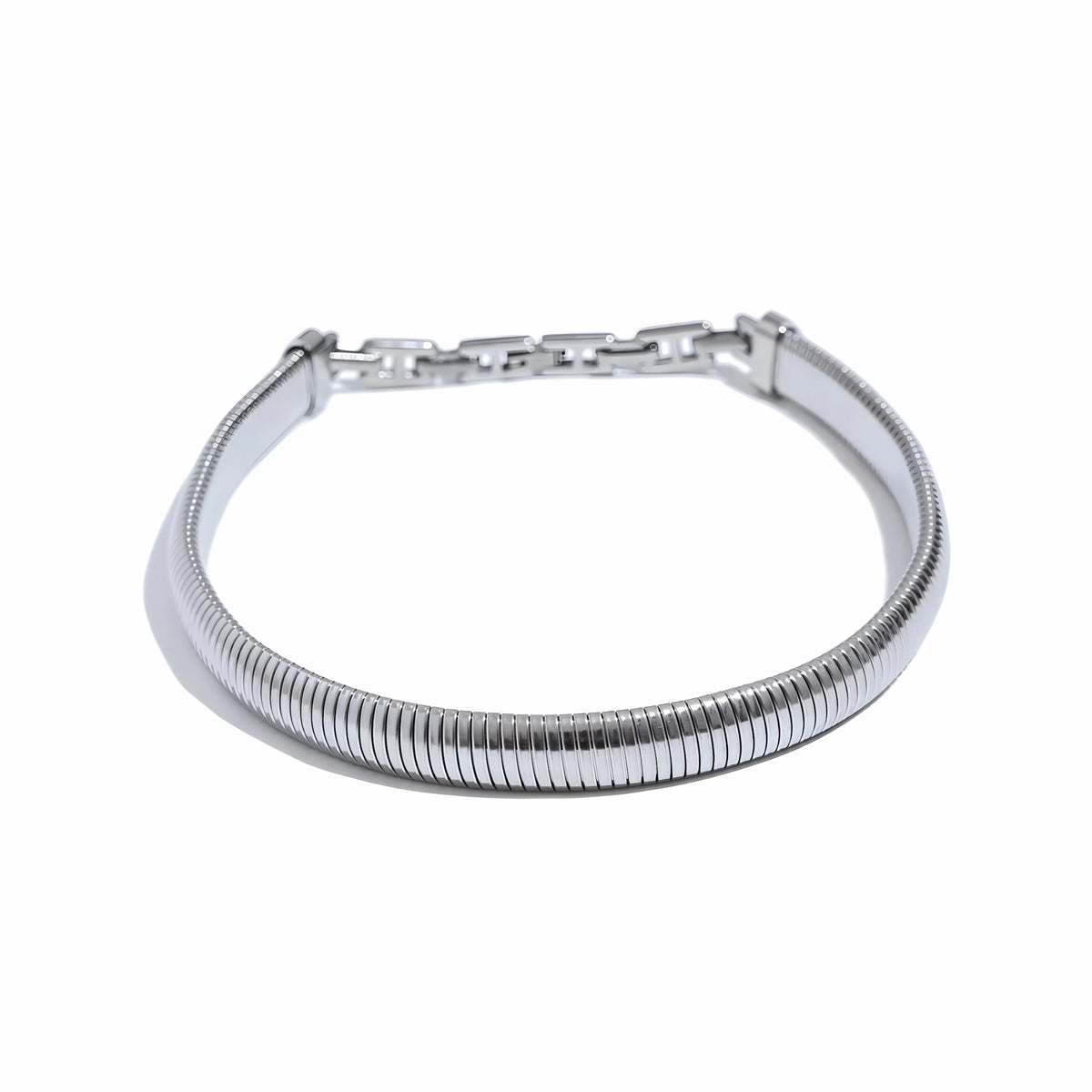 BEHI MILANO Almond Choker — silver stainless steel ribbed collar necklace, waterproof tarnish-free, 38cm