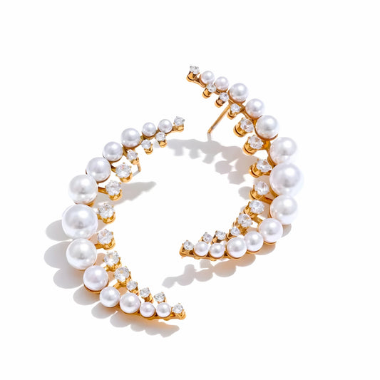 BEHI MILANO Alysa Earrings — 18k gold-plated crescent moon earrings with pearls and zircons, waterproof tarnish-free stainless steel