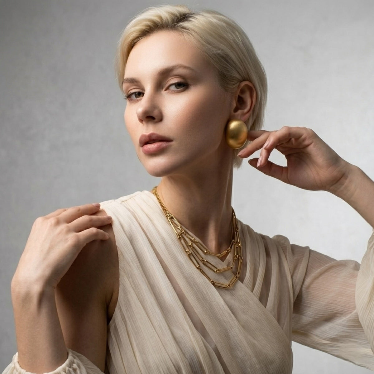 BEHI MILANO Annarita Earrings — editorial model wearing gold oval studs styled with layered gold necklaces