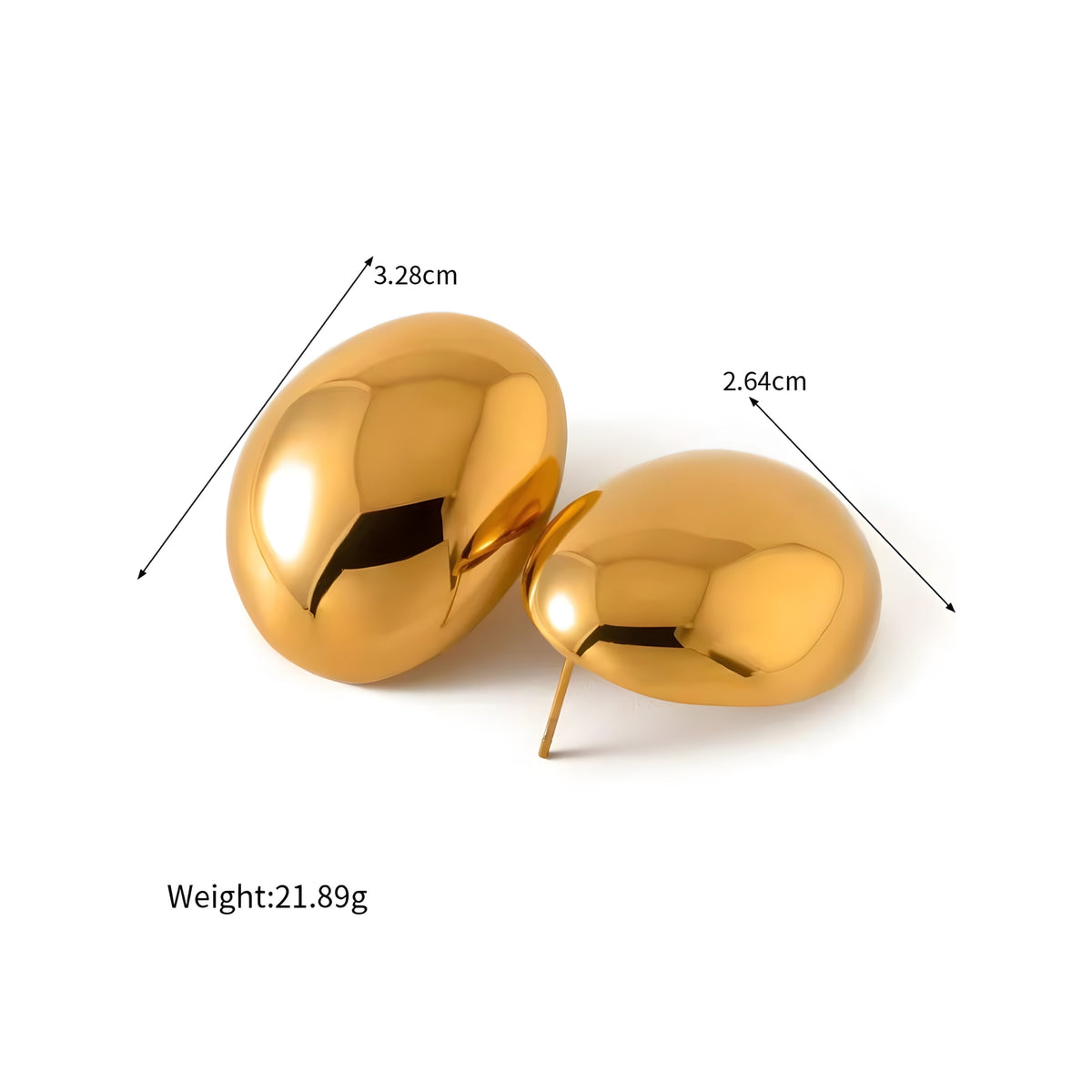 BEHI MILANO Annarita Earrings — technical dimension diagram showing 3.28cm height, 2.64cm width, and 21.89g weight