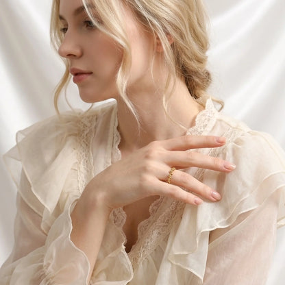 BEHI MILANO Anya Ring — lifestyle view of adjustable gold beaded ring on model