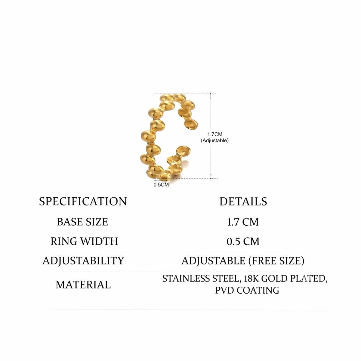 BEHI MILANO Anya Ring — technical dimension diagram showing 1.7cm base diameter, 0.5cm width, and 2g weight