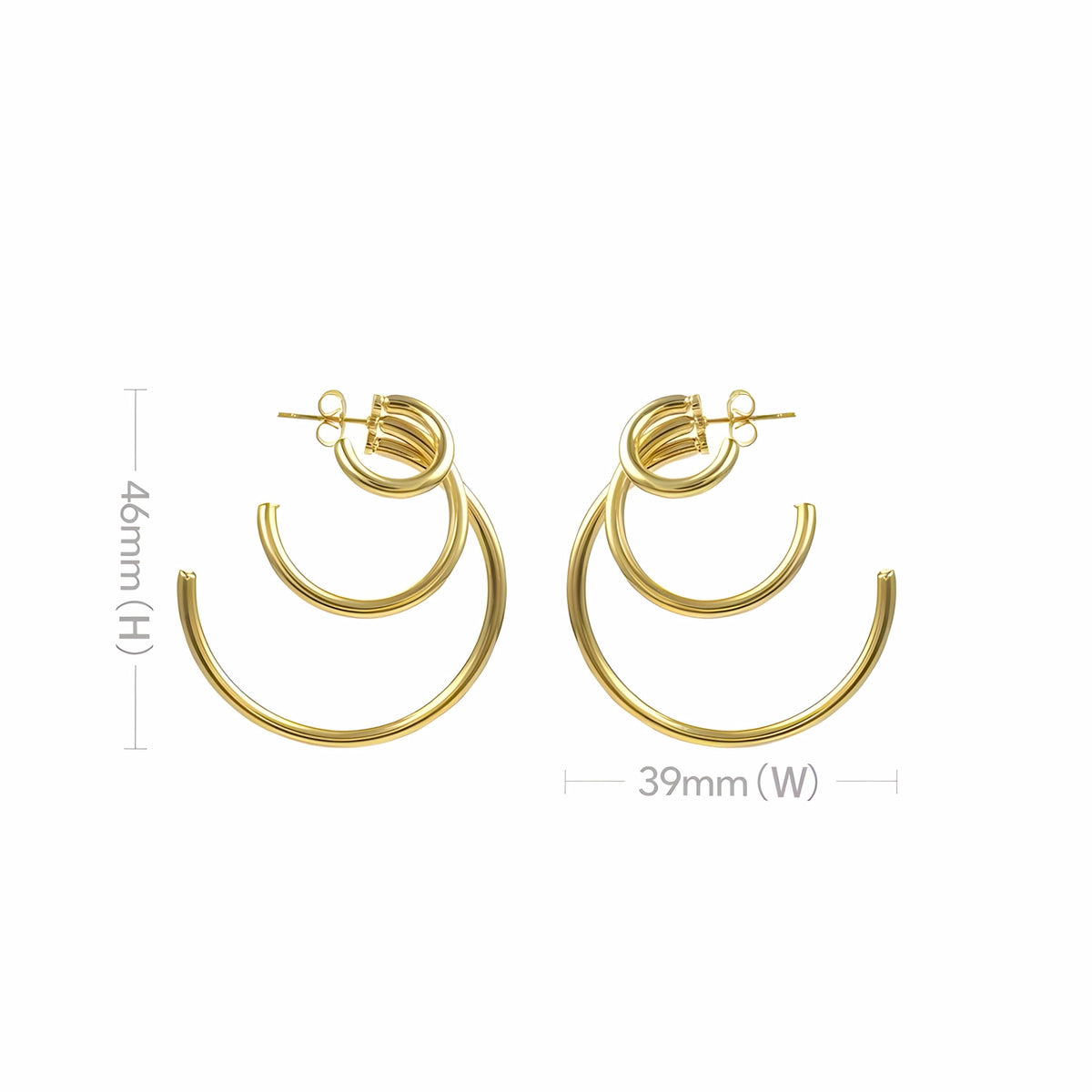 BEHI MILANO Ariel Earrings — technical dimension diagram showing 46mm height, 39mm width, and 6.5g weight