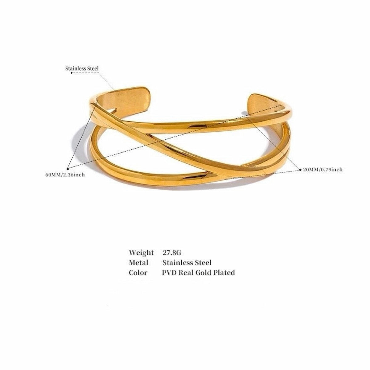 BEHI MILANO Ariella Bracelet — technical dimension diagram showing 60mm diameter, 20mm height, and 27.8g weight