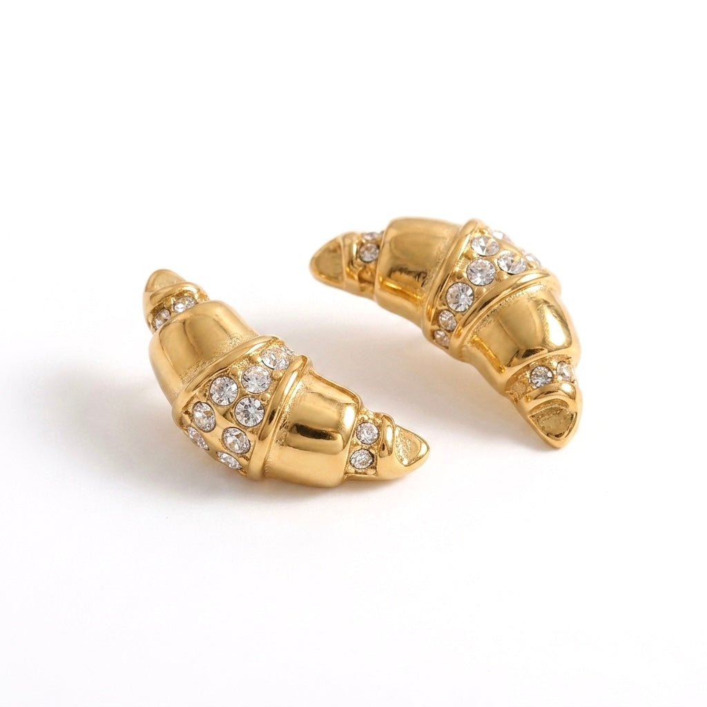 BEHI MILANO Aris Earrings — 18k gold-plated croissant stud earrings set with zircon stones, waterproof