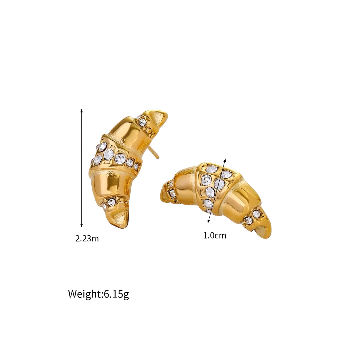 BEHI MILANO Aris Earrings — technical dimension diagram showing 2.23cm height, 1.0cm width, and 6.15g weight