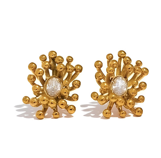BEHI MILANO Artymanos Earrings — 18k gold-plated textured sunburst stud earrings with central crystal stone