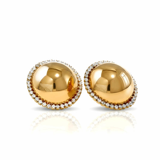 BEHI MILANO Audrey Earrings — 18k gold-plated polished dome stud earrings with crystal halo rim