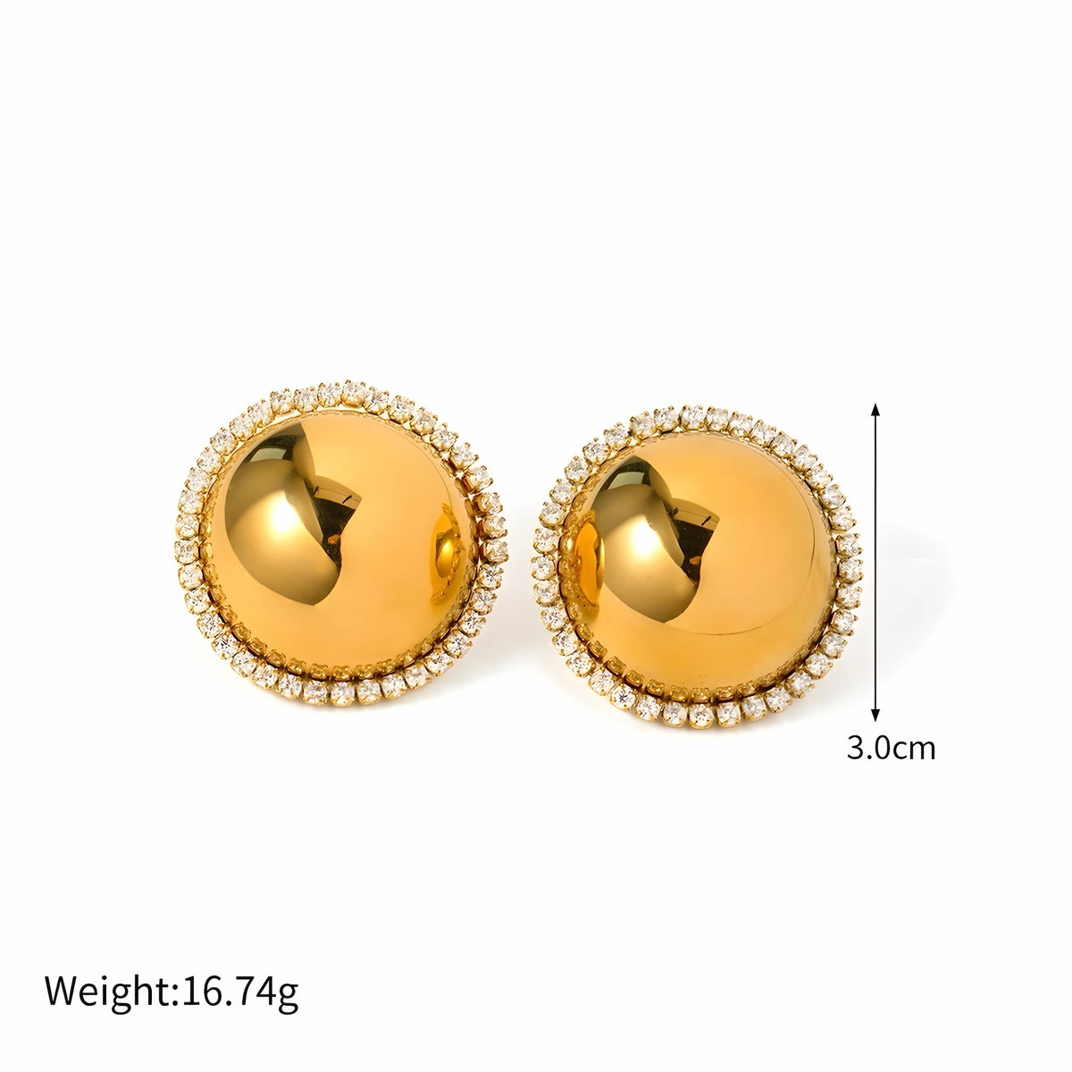 BEHI MILANO Audrey Earrings — technical dimension diagram showing 3.0cm diameter and 16.74g weight