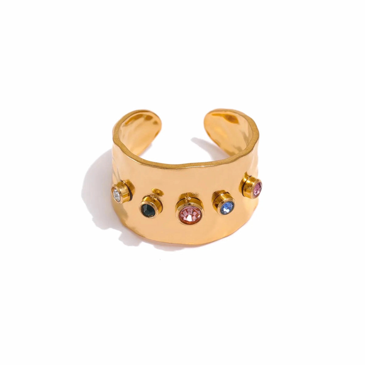 BEHI MILANO Azzu Ring — 18k gold-plated wide open band ring with colorful bezel-set cubic zirconia gems