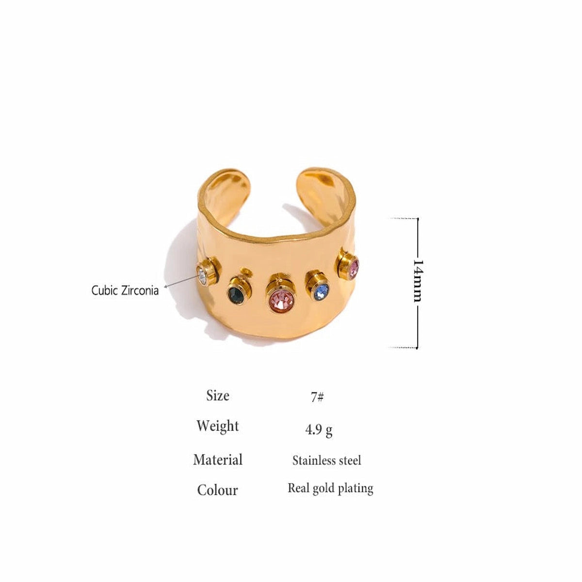 BEHI MILANO Azzu Ring — technical dimension diagram showing 14mm band height, US Size 7, and 4.9g weight