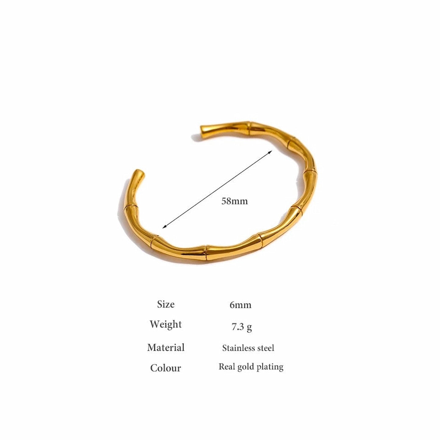 BEHI MILANO Bamboo Bracelet — technical dimension diagram showing 58mm inner diameter, 6mm width, and 7.3g weight