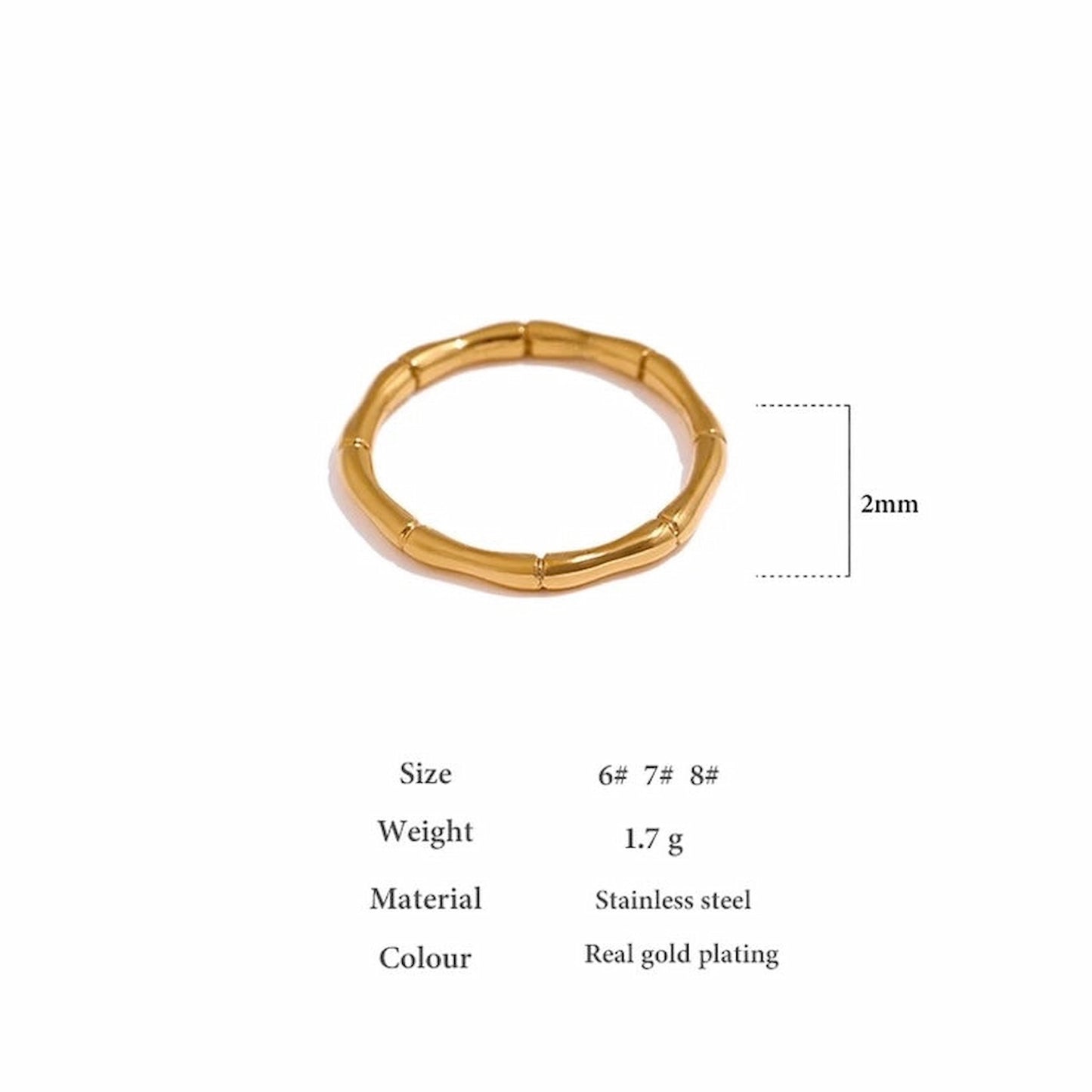 BEHI MILANO Bamboo Ring — technical dimension diagram showing 2mm width, US sizes 6-8, and 1.7g weight