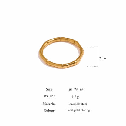 BEHI MILANO Bamboo Ring — technical dimension diagram showing 2mm width, US sizes 6-8, and 1.7g weight