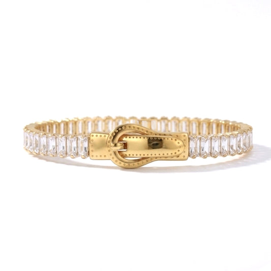BEHI MILANO Beatrice Bracelet in Clear — 18k gold-plated baguette cubic zirconia bracelet with magnetic buckle clasp