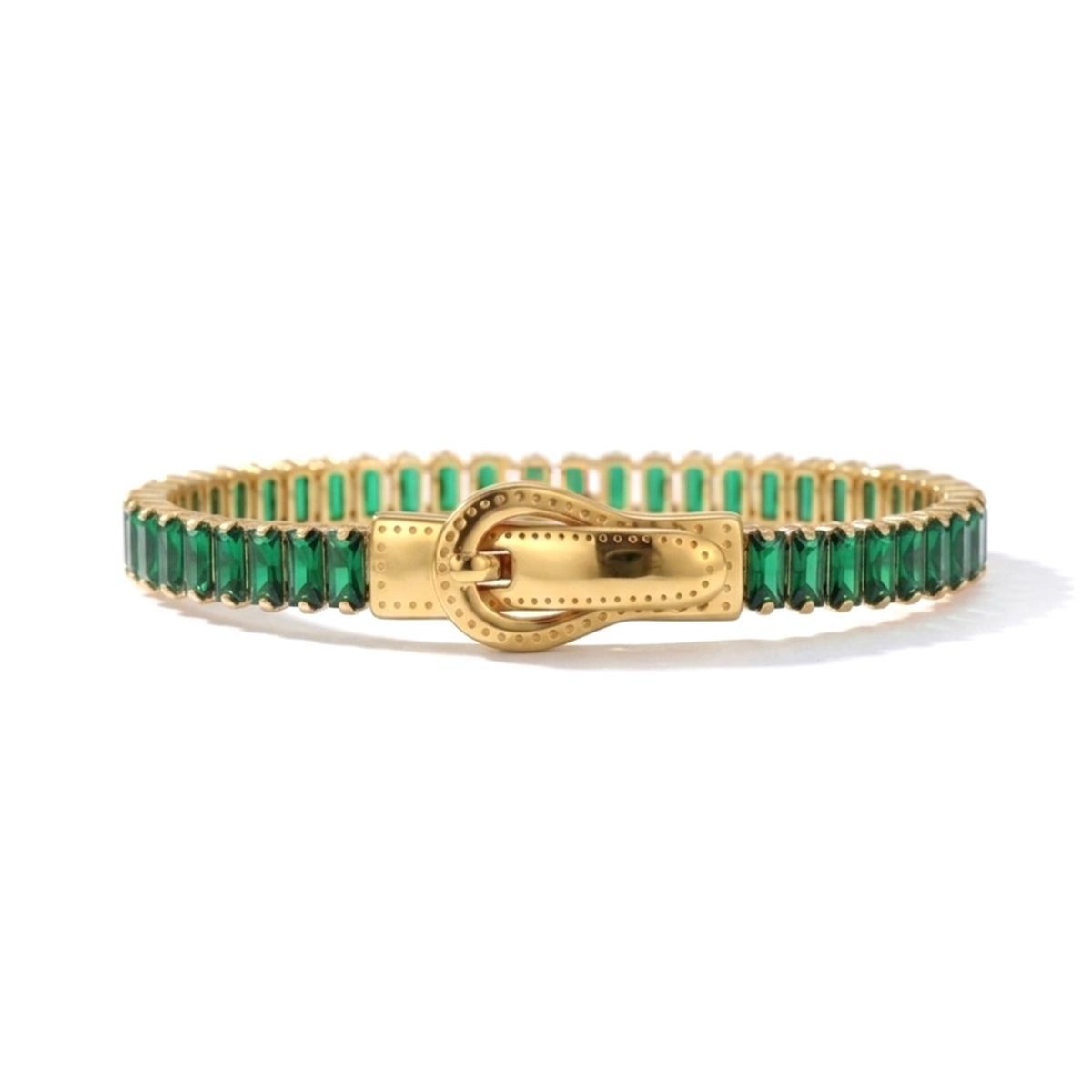 BEHI MILANO Beatrice Bracelet in Emerald Green — gold buckle bracelet set with green baguette cubic zirconia