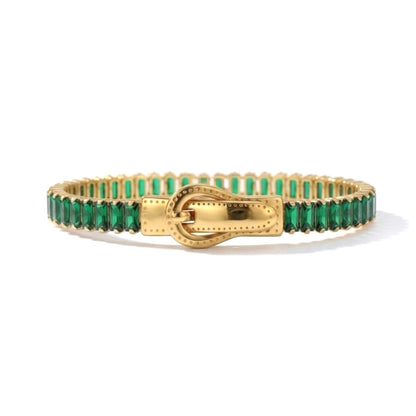 BEHI MILANO Beatrice Bracelet in Emerald Green — gold buckle bracelet set with green baguette cubic zirconia