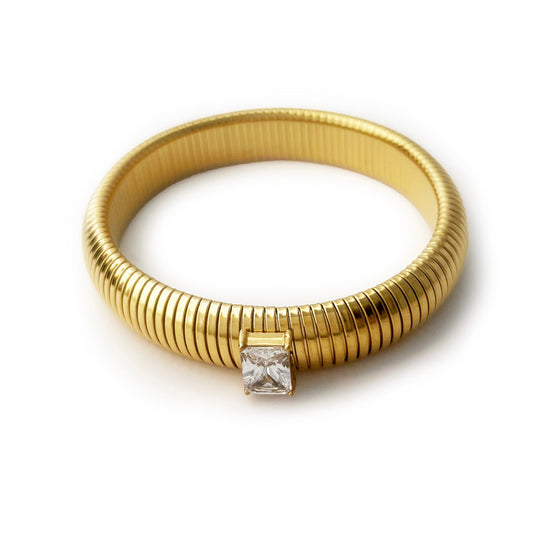 BEHI MILANO Beatriz Bracelet in White — 18k gold-plated ribbed stretch cuff with clear solitaire cubic zirconia