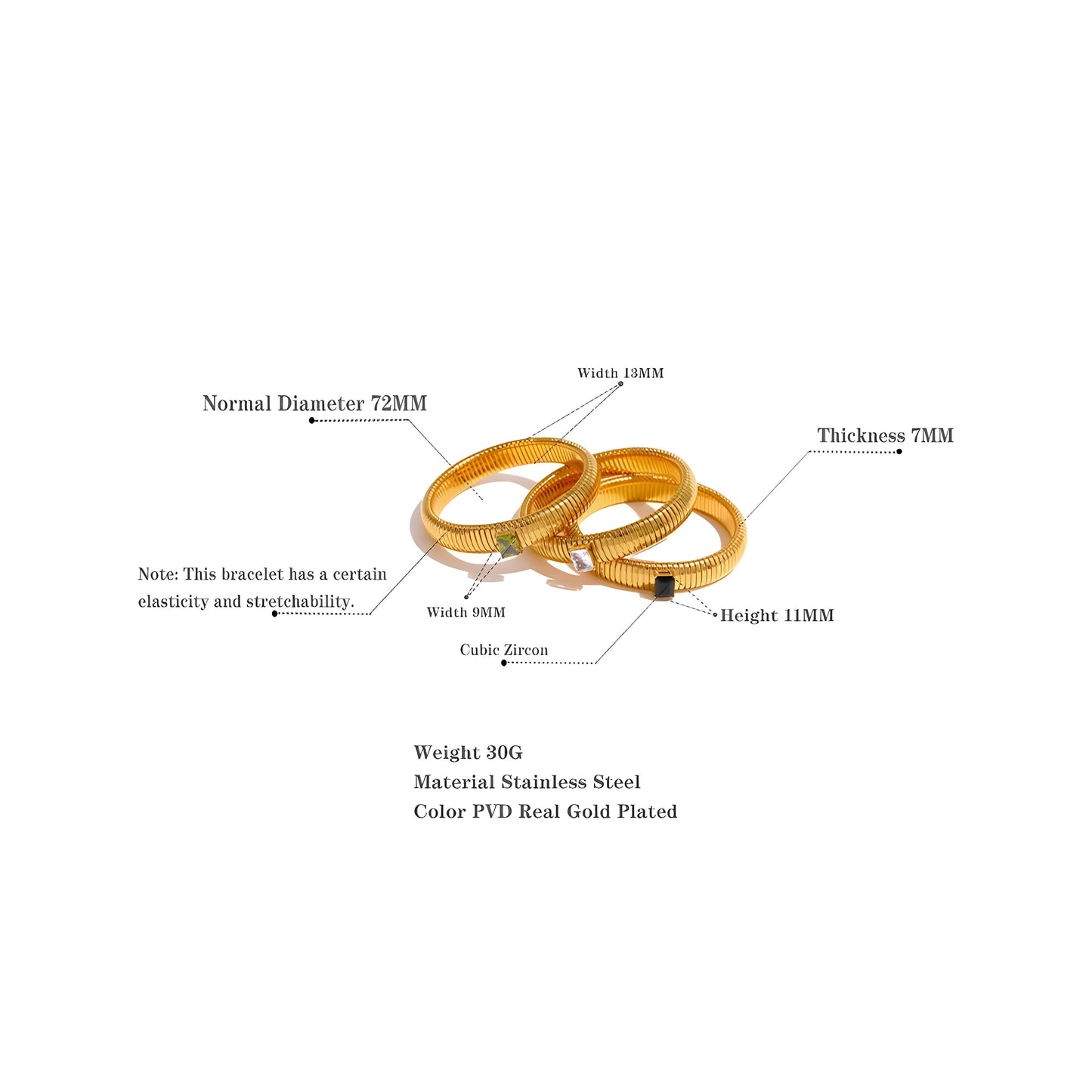 BEHI MILANO Beatriz Bracelet — technical sizing diagram showing 72mm diameter, 13mm width, 7mm thickness, and 30g weight