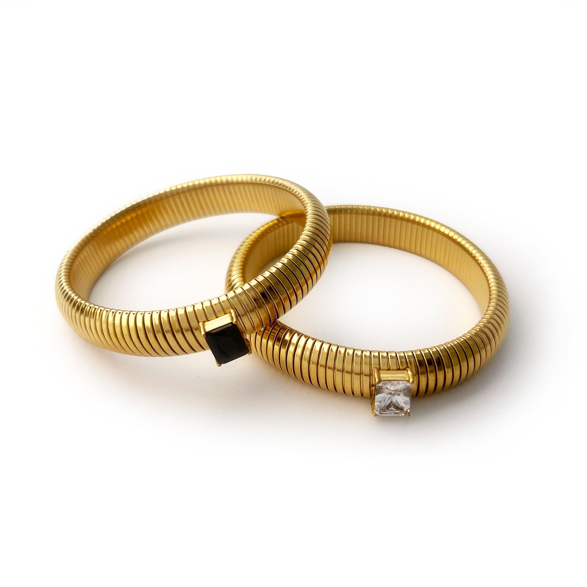 BEHI MILANO Beatriz Bracelets — 18k gold flexible cuff bracelets with black and clear square-cut gems