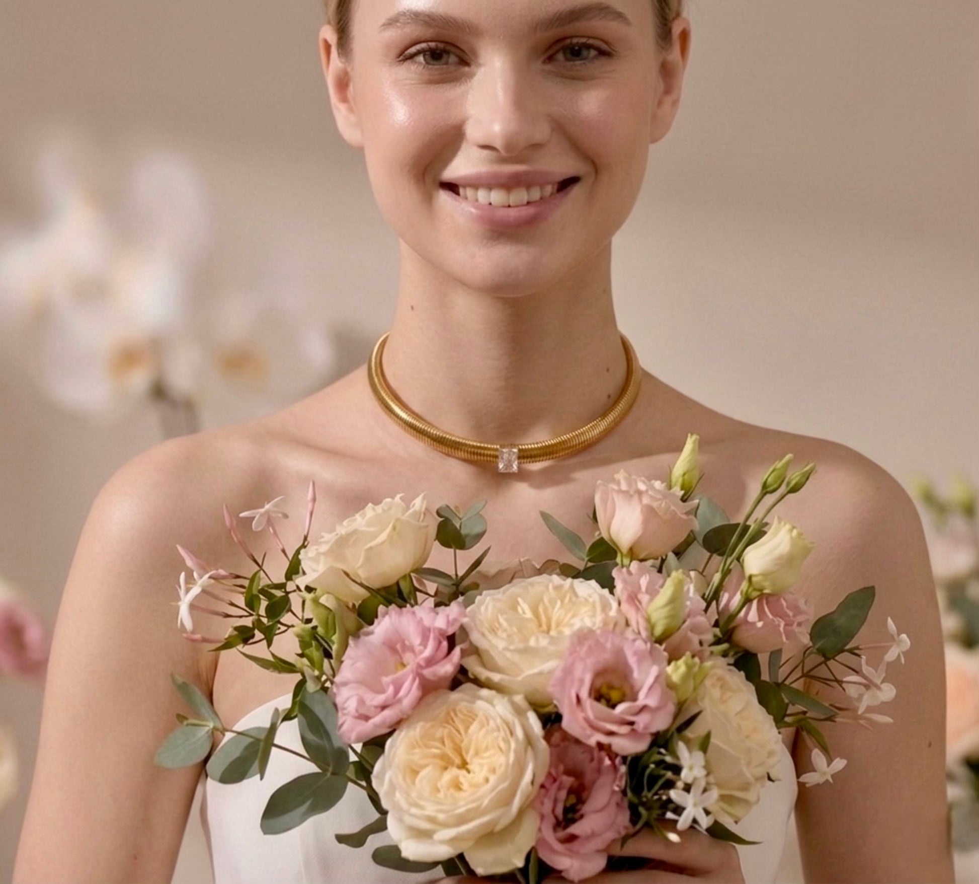 BEHI MILANO Beatriz Choker — bride holding flower bouquet wearing 18k gold solitaire choker necklace