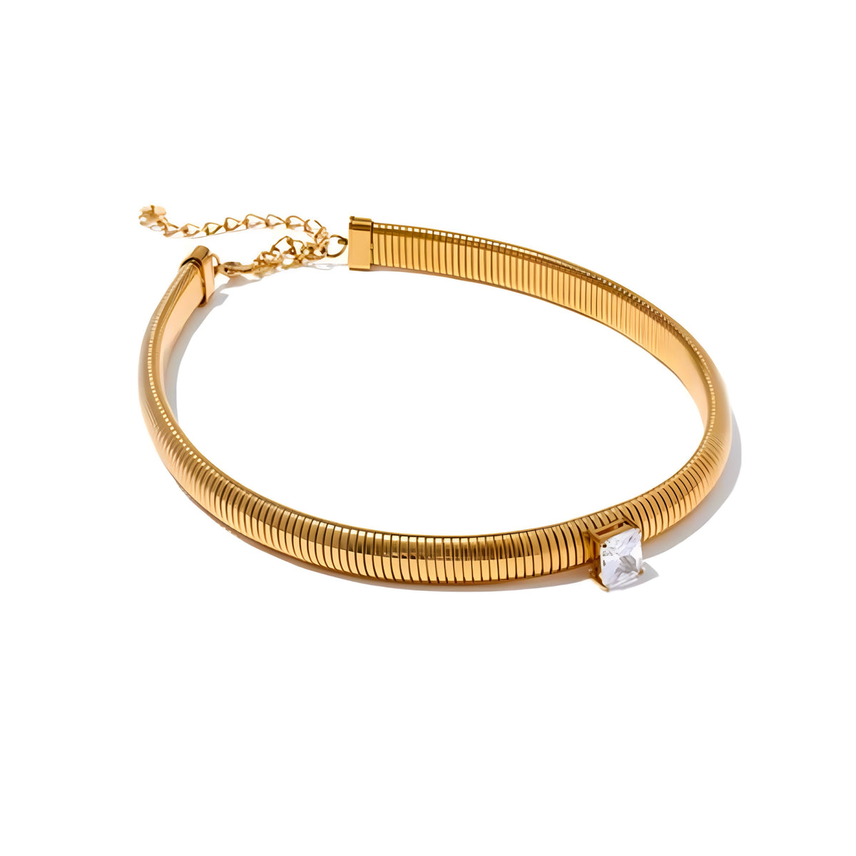 BEHI MILANO Beatriz Choker in Gold — 18k gold-plated ribbed choker necklace with square cubic zirconia stone