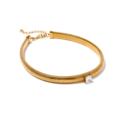 BEHI MILANO Beatriz Choker in Gold — 18k gold-plated ribbed choker necklace with square cubic zirconia stone