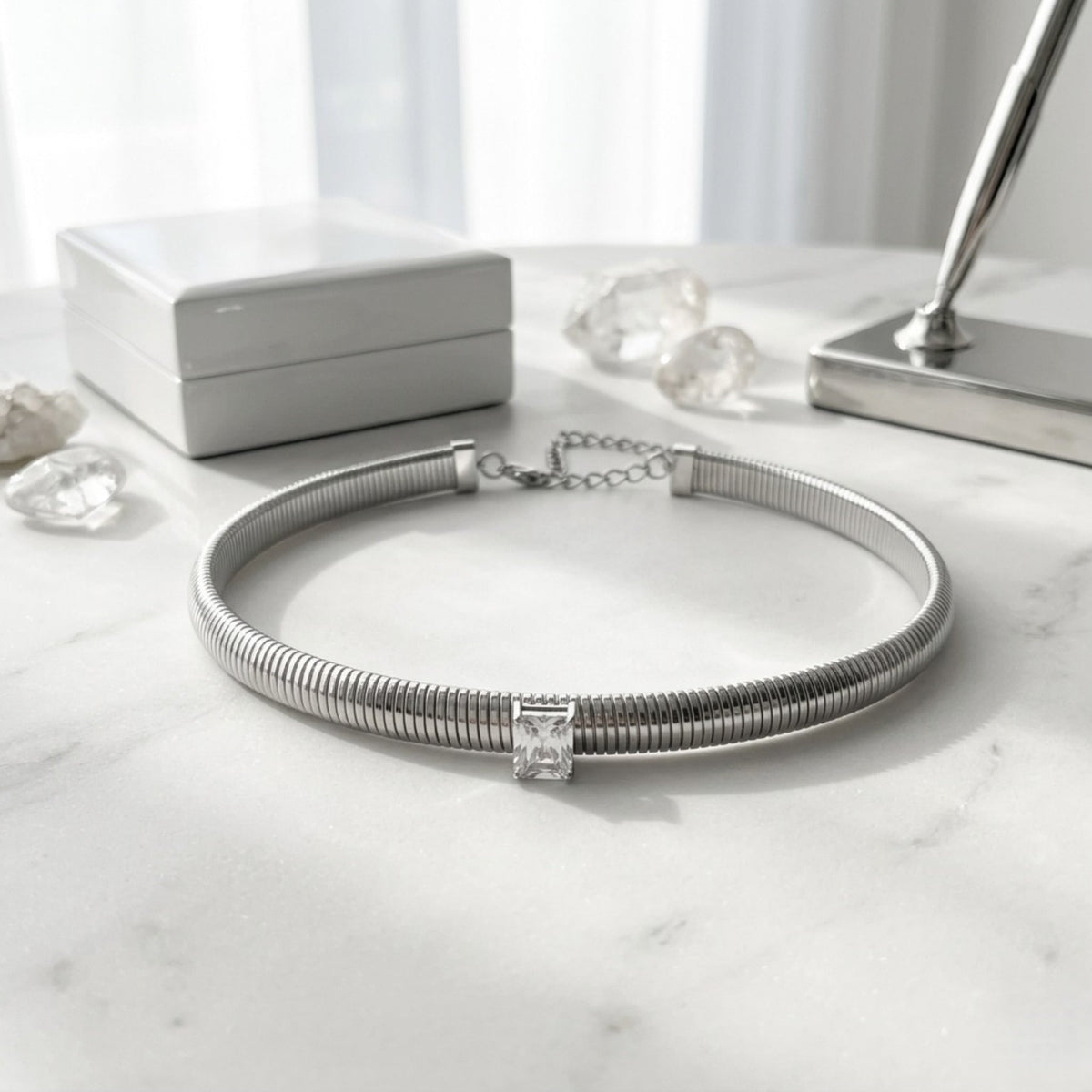 BEHI MILANO Beatriz Choker in Silver — silver-plated ribbed choker with square cubic zirconia on marble