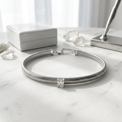 BEHI MILANO Beatriz Choker in Silver — silver-plated ribbed choker with square cubic zirconia on marble