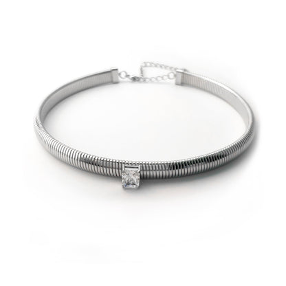 BEHI MILANO Beatriz Choker in Silver — stainless steel silver ribbed choker with clear cubic zirconia