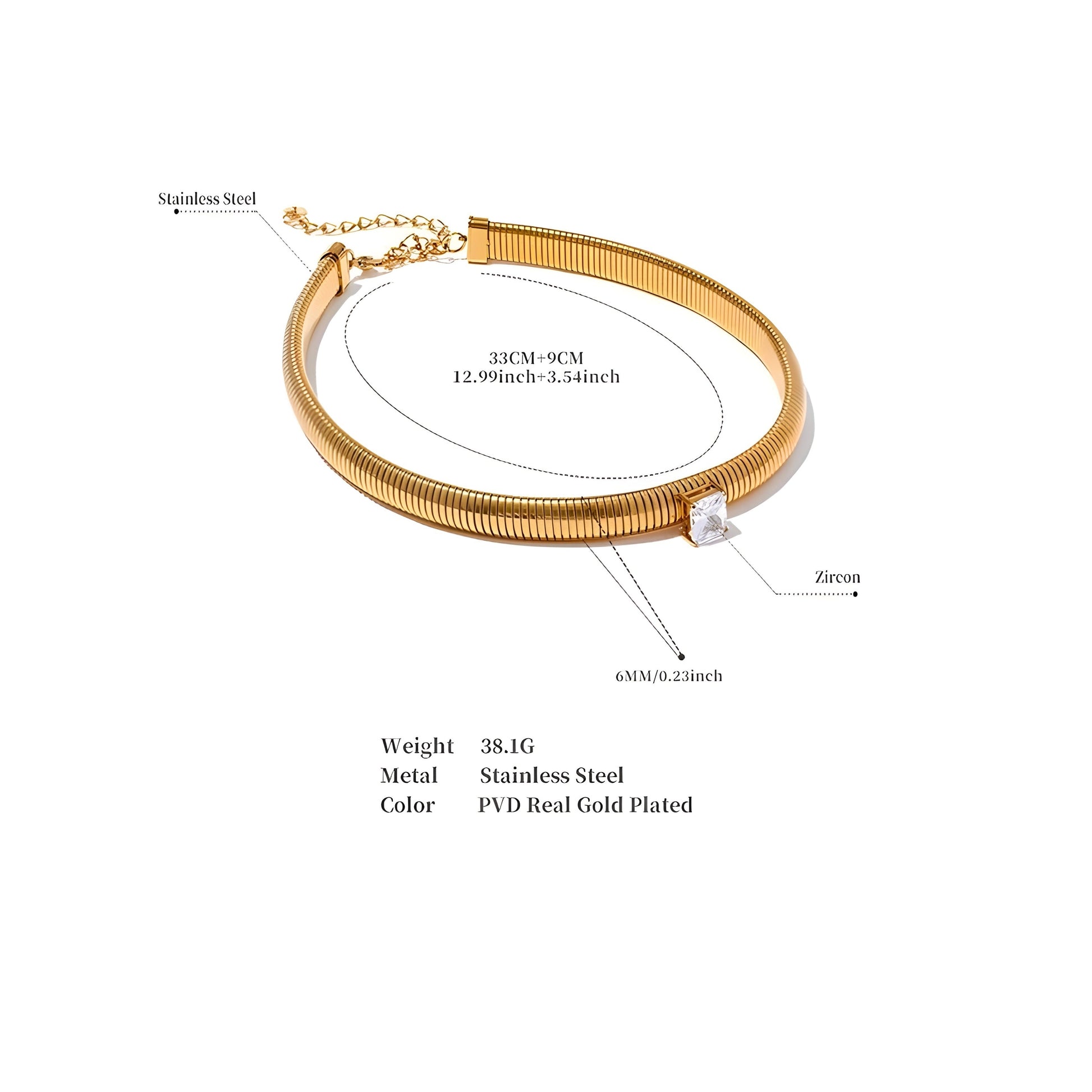 BEHI MILANO Beatriz Choker — technical sizing diagram showing 33cm length, 9cm extender, 6mm width, and 38.1g weight