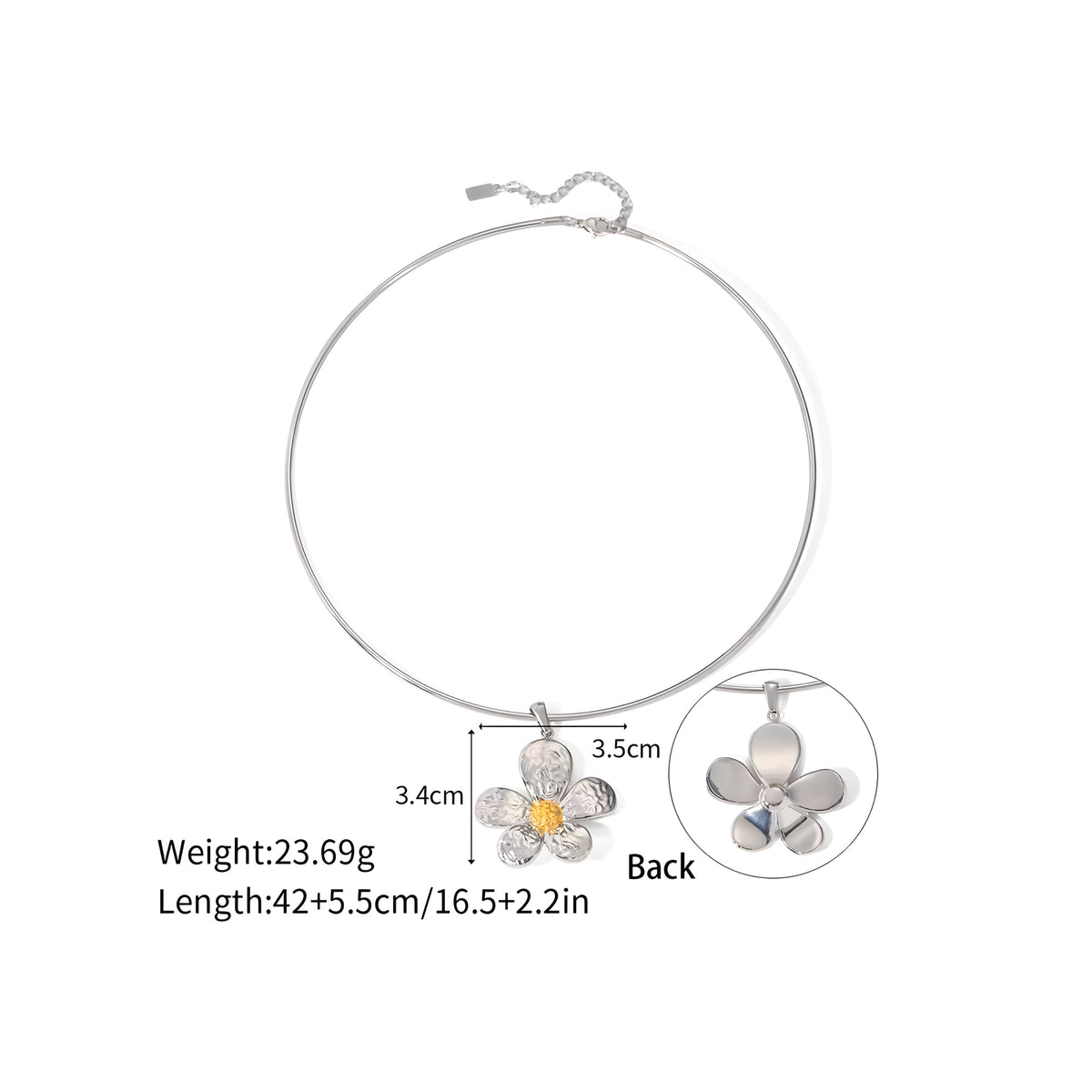 BEHI MILANO Bloom Choker — technical sizing diagram showing 42+5.5cm length, 3.4x3.5cm flower pendant, and 23.69g weight